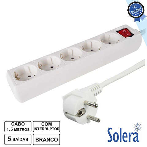 TOMADA ELÉTRICA COM 5 SAÍDAS INTERRUPTOR 1.5M BRANCA SOLERA