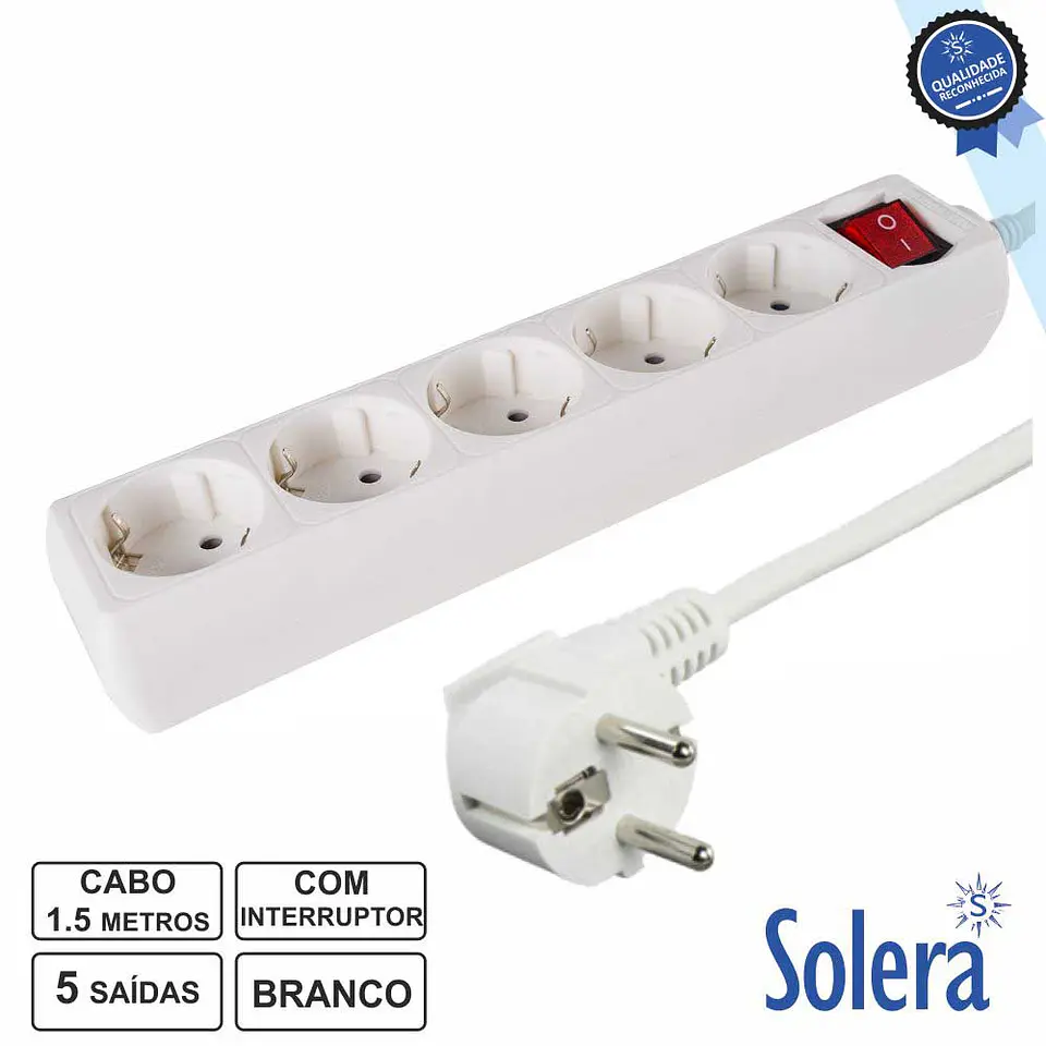 TOMADA ELÉTRICA COM 5 SAÍDAS INTERRUPTOR 1.5M BRANCA SOLERA 1