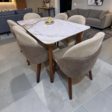 Juego de comedor 6 sillas Antezana + Base araña madera + Piedra sinterizada