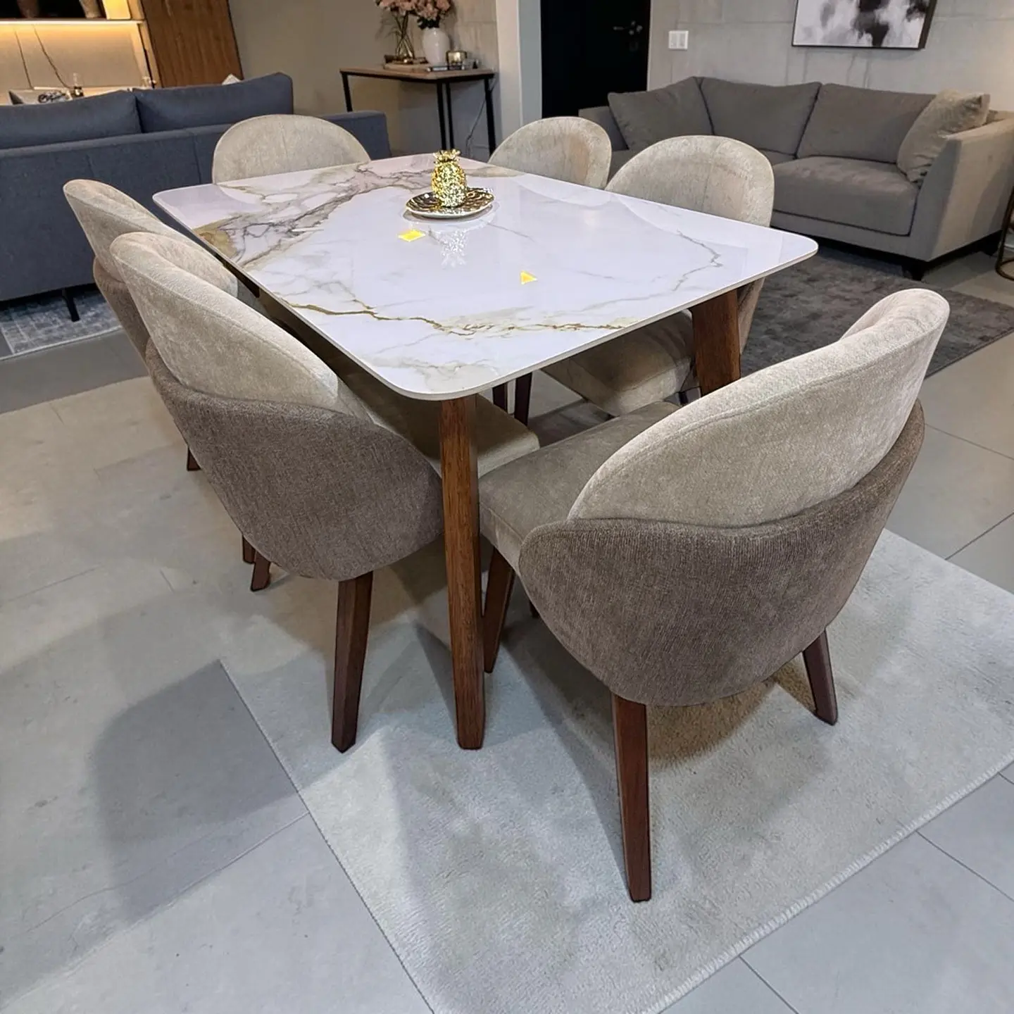 Juego de comedor 6 sillas Antezana + Base araña madera + Piedra sinterizada 1