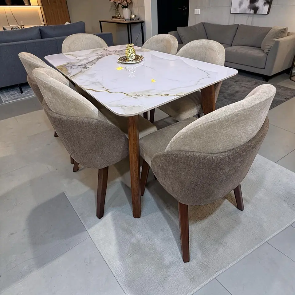 Juego de comedor 6 sillas Antezana + Base araña madera + Piedra sinterizada 1