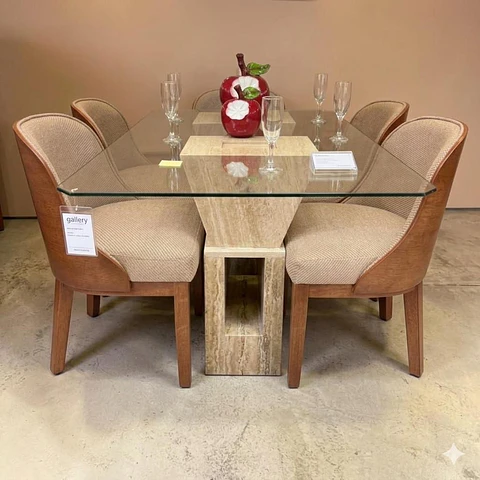 Juego de comedor 6 sillas Habanna + Base de mármol + Vidrio corte 7