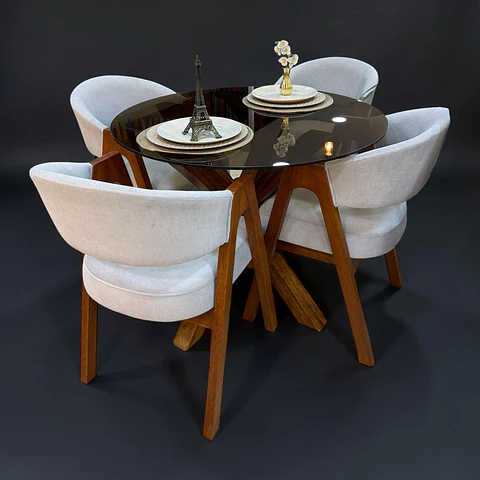 Juego de comedor 4 sillas Kiara + Base asterisco + Vidrio