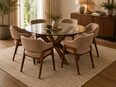 Juego de comedor 6 sillas Málaga + Base asterisco + Vidrio 