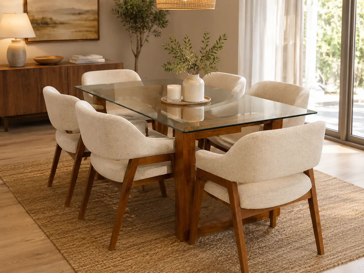 Juego de comedor 6 sillas Málaga + Base diseño + Vidrio  1