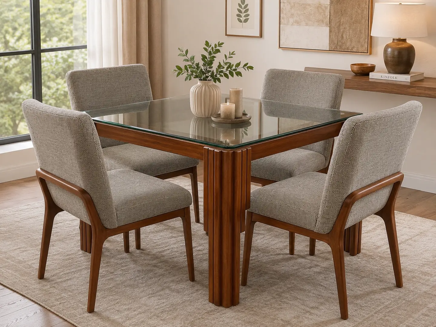 Juego de comedor 4 sillas Nairobi + Base Zampoña + Vidrio biselado 1