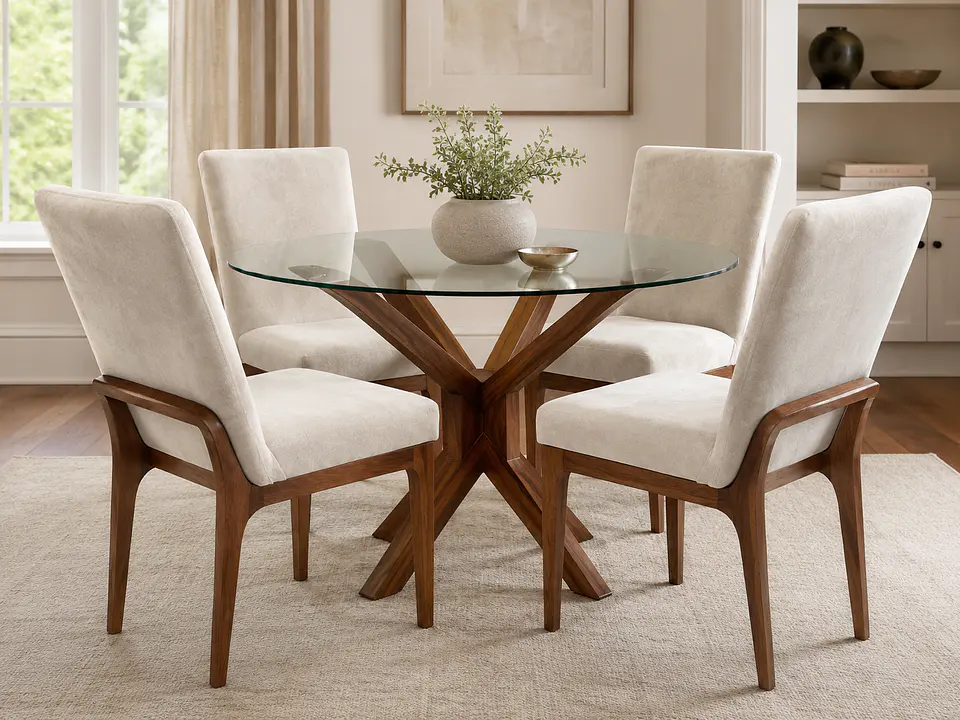 Juego de comedor 4 sillas Nairobi + Base asterisco + Vidrio biselado 1
