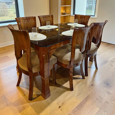 Juego de comedor 6 sillas Toscana + Base pata de león + Vidrio 
