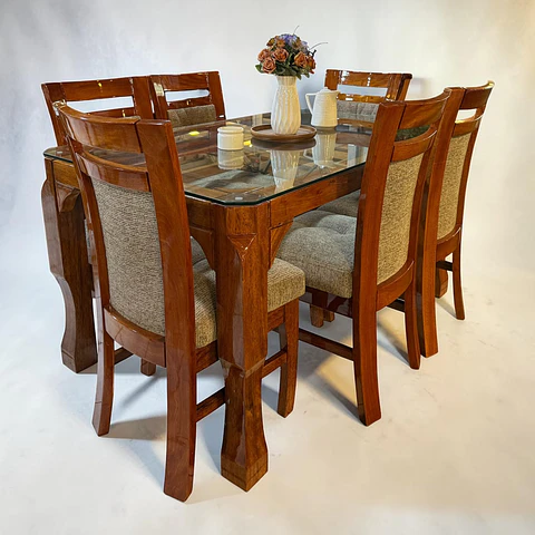 Juego de comedor 6 sillas Valencia + Base pata de León + Vidrio