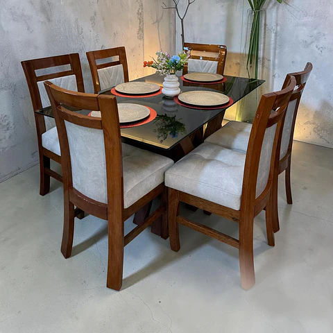 Juego de comedor 6 sillas Valencia + Base W + Vidrio biselado