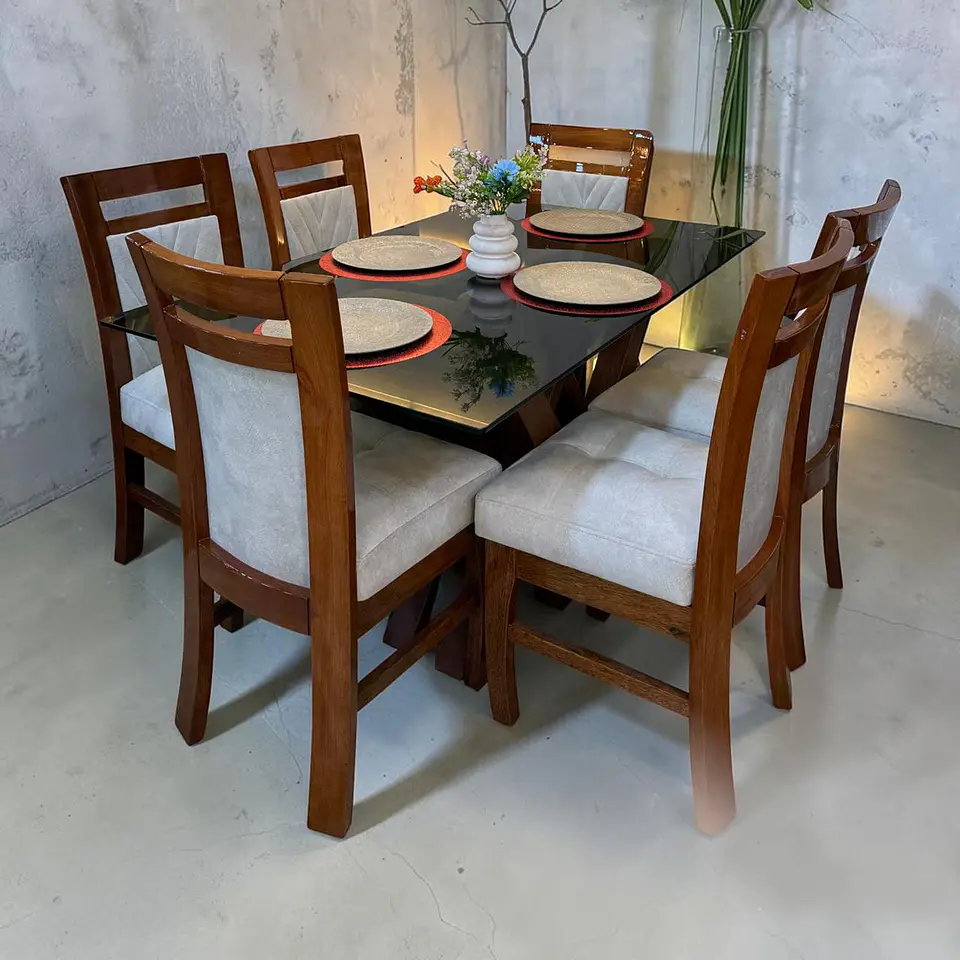 Juego de comedor 6 sillas Valencia + Base W + Vidrio biselado 1