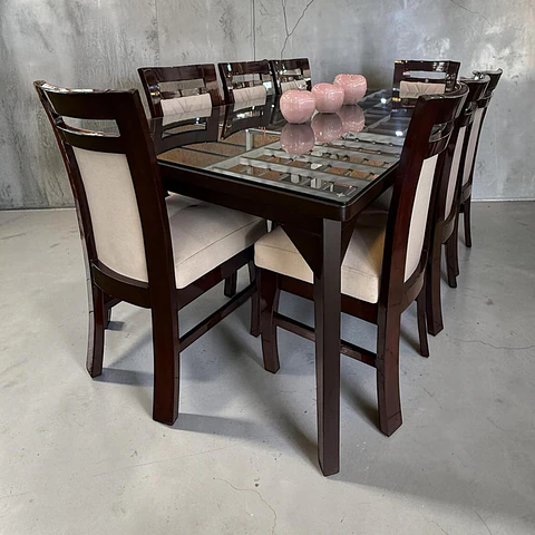 Juego de comedor 8 sillas Valencia + Mesa vintage + Vidrio biselado