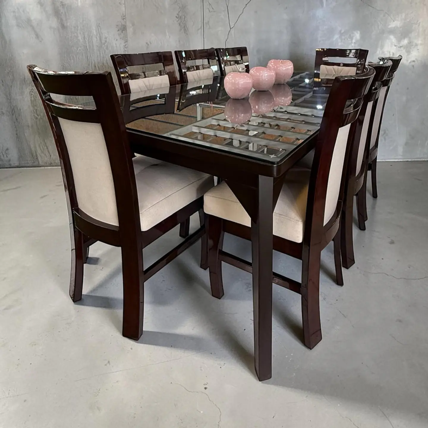 Juego de comedor 8 sillas Valencia + Mesa vintage + Vidrio biselado 1