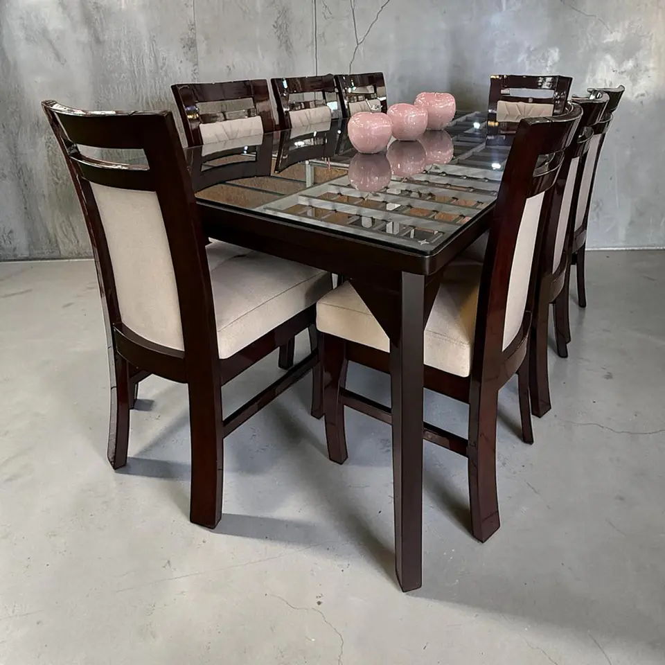 Juego de comedor 8 sillas Valencia + Mesa vintage + Vidrio biselado 1
