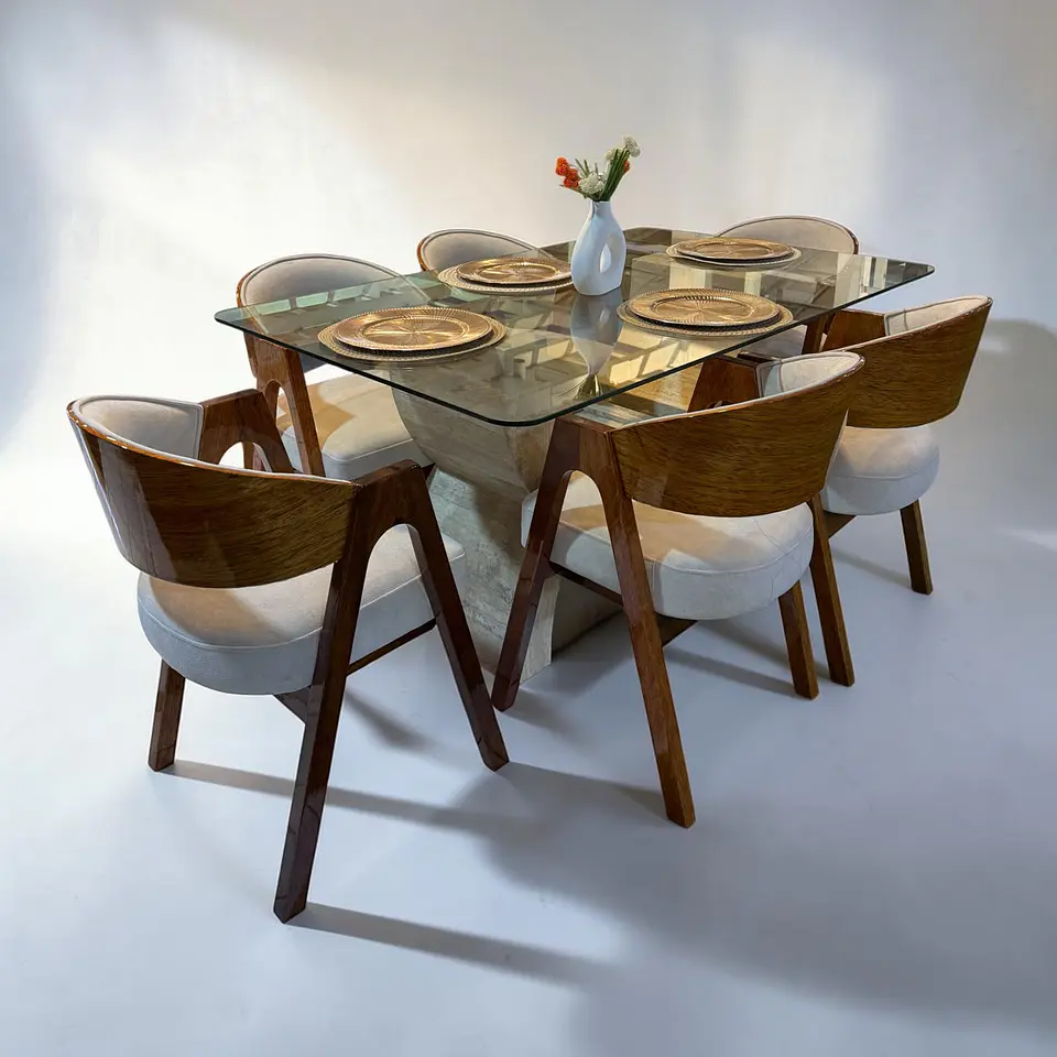 Juego de comedor 6 sillas Kiara + Base mármol + Vidrio 1