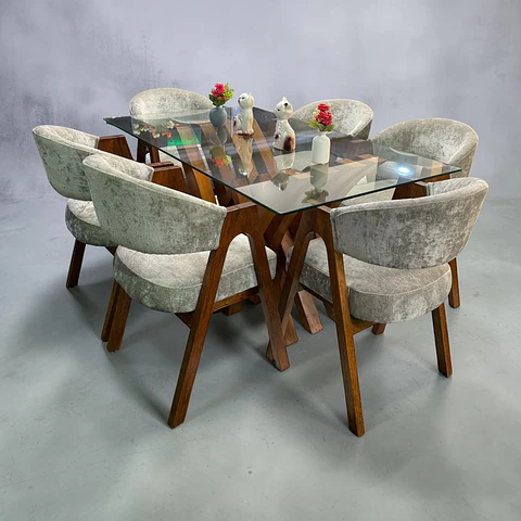 Juego de comedor 6 sillas Kiara + Base W + Vidrio