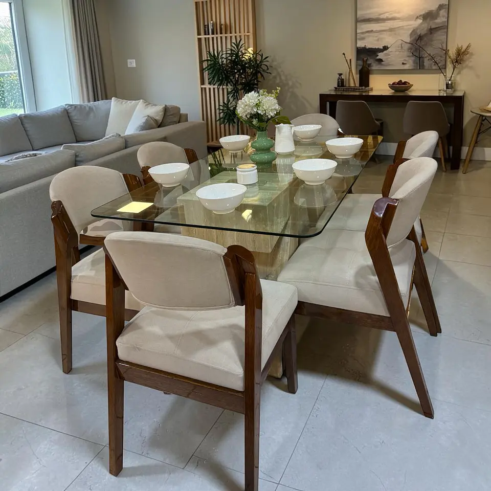 Juego de comedor 6 sillas Carmona + Base mármol + Vidrio  1