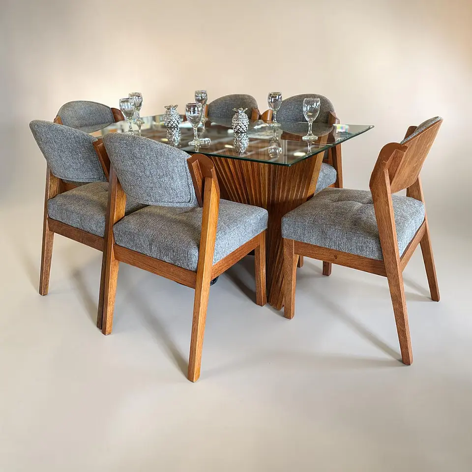 Juego de comedor 6 sillas Carmona + Base Espiral + Vidrio  1