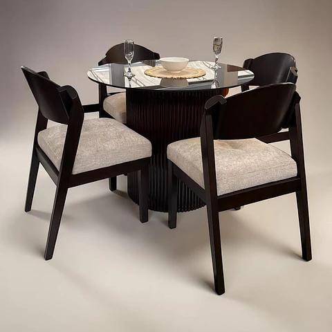 Juego de comedor 4 sillas Carmona + Base tallada + Vidrio 