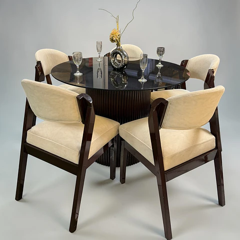 Juego de comedor 5 sillas Carmona + Base tallada + Vidrio 