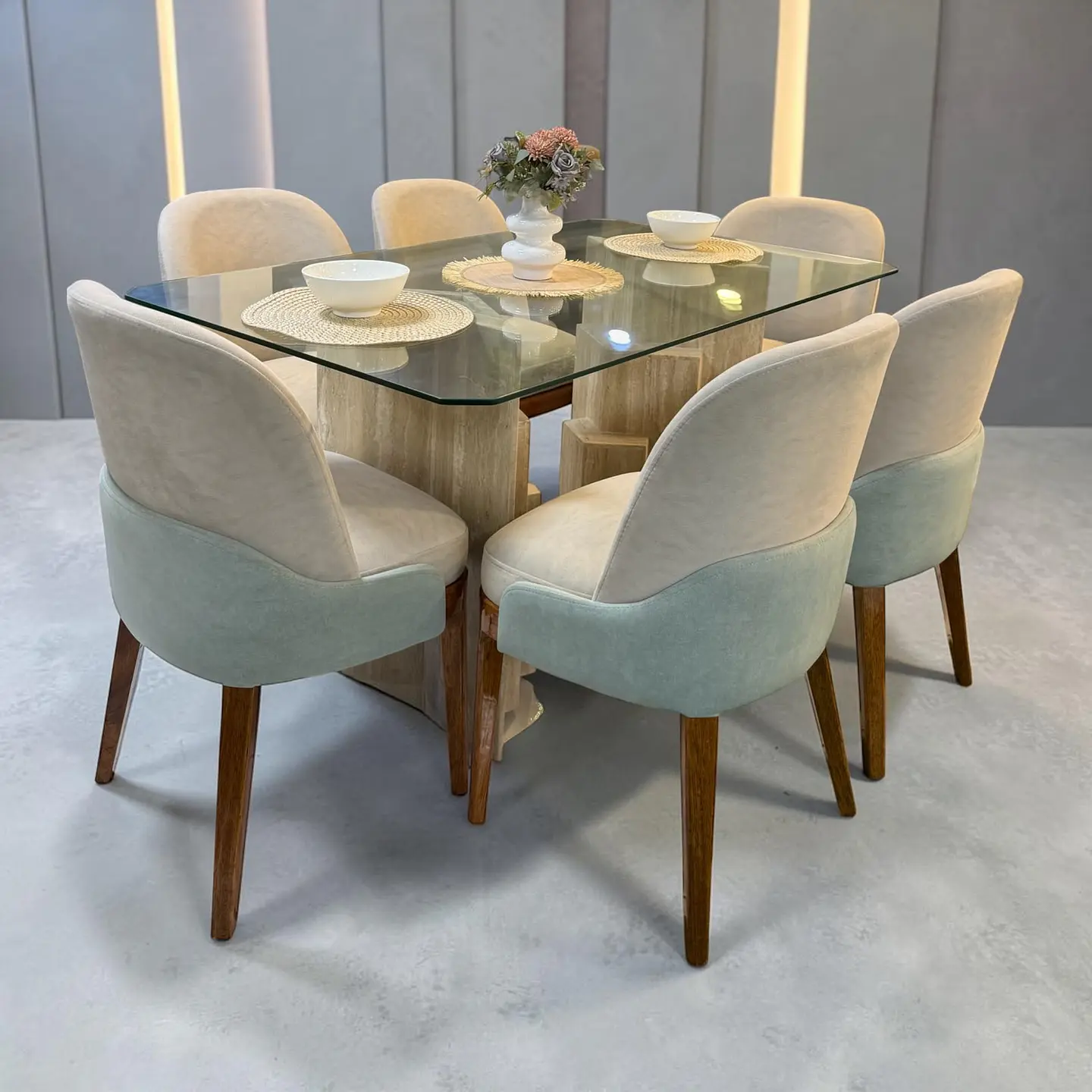 Juego de comedor 6 sillas Génesis + Base marmol + Vidrio corte 7 1