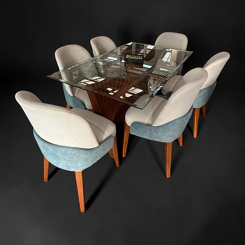 Juego de comedor 6 sillas Génesis + Base espiral + Vidrio biselado