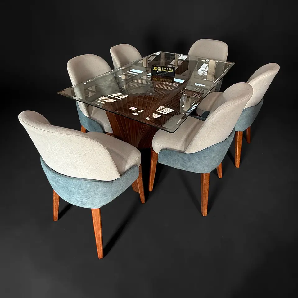 Juego de comedor 6 sillas Génesis + Base espiral + Vidrio biselado 1