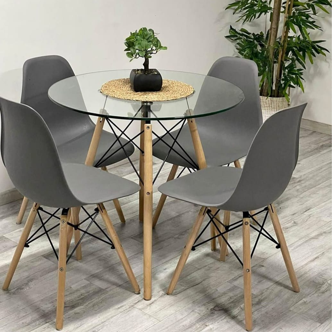Mesa Redonda Vidrio 80cm + 4 sillas Eames 3