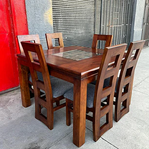 Comedor 6 Sillas Cuadrado Modelo Niza Tablon Solido Pu Eco Cafe