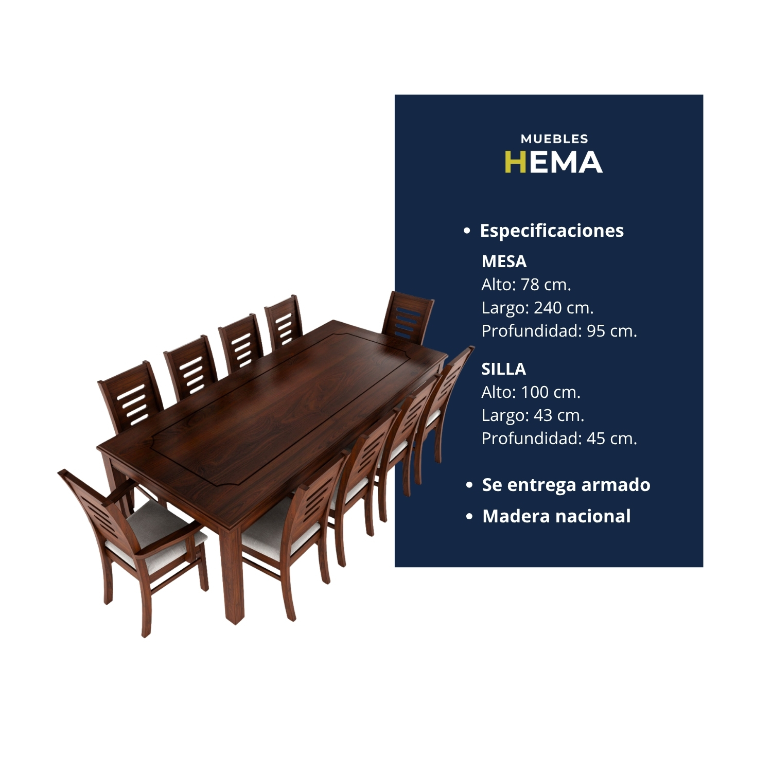 Juego de Comedor Roma 10 Personas Nogal Incluye 2 sitiales 4