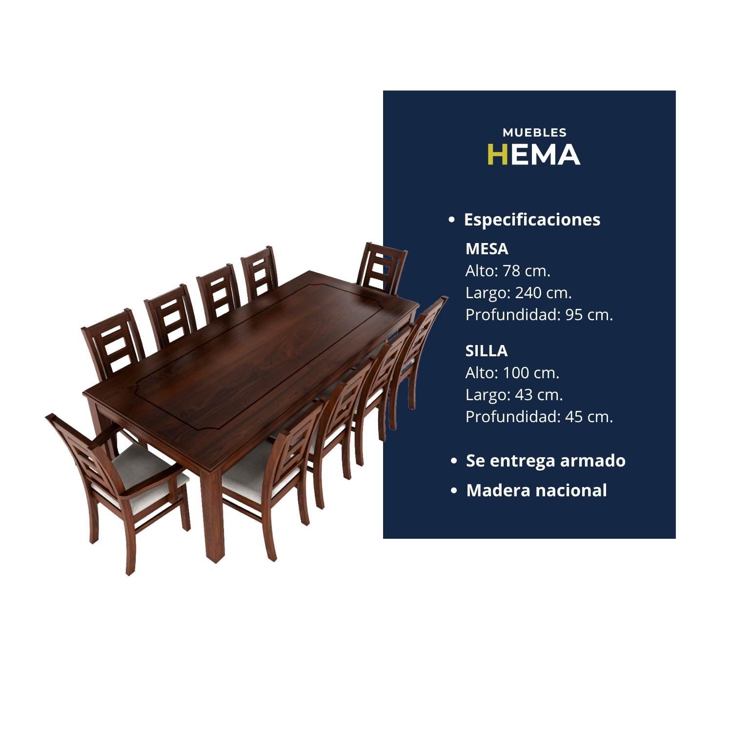 Juego de Comedor Sevilla 10 Personas Nogal Incluye 2 sitiales 4
