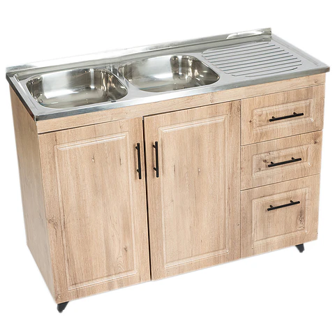 Mueble Lavaplatos Nogal con Cubierta de Acero Inoxidable Secador Derecho 120x50x90 cm (Incluye Armado)