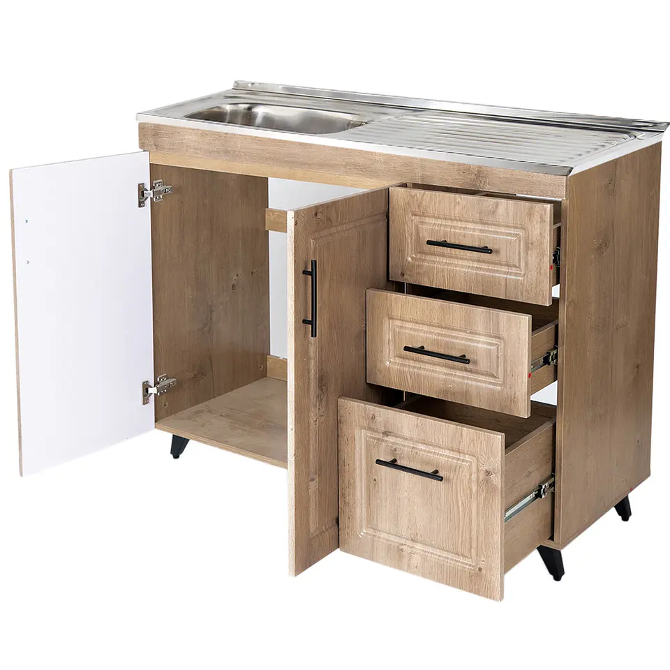 Mueble Lavaplatos Nogal con Cubierta de Acero Inoxidable Secador Derecho 100x50x90 cm (Incluye Armado) 3