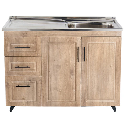 Mueble Lavaplatos Nogal con Cubierta de Acero Inoxidable Secador Izquierdo 100x50x90 cm (Incluye Armado)