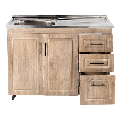 Mueble Lavaplatos Nogal con Cubierta de Acero Inoxidable Secador Derecho 100x50x90 cm (Incluye Armado)