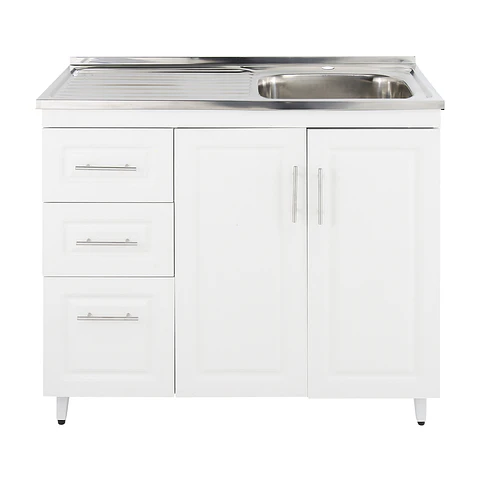 Mueble Lavaplatos Blanco con Cubierta de Acero Inoxidable Secador Izquierdo 100x50x90 cm (Incluye Armado)