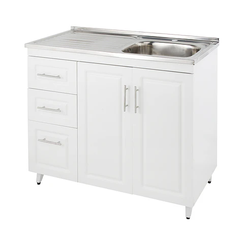 Mueble Lavaplatos Blanco con Cubierta de Acero Inoxidable Secador Izquierdo 100x50x90 cm (Incluye Armado)