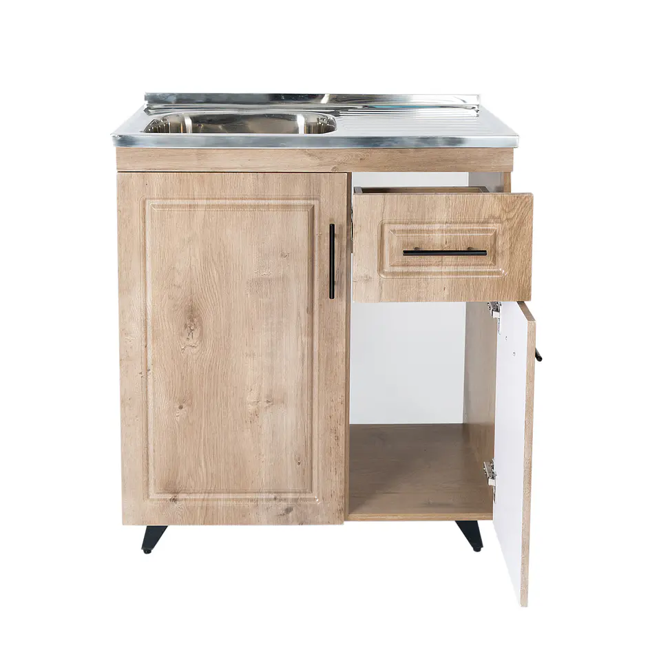 Mueble Lavaplatos Nogal con Cubierta de Acero Inoxidable Secador Derecho 80x50x90 cm (Incluye Armado) 2