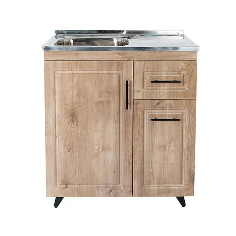 Mueble Lavaplatos Nogal con Cubierta de Acero Inoxidable Secador Derecho 80x50x90 cm (Incluye Armado)