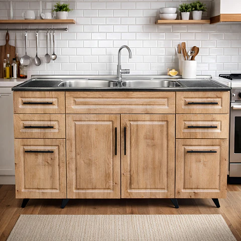 Mueble Lavaplatos Nogal con Cubierta de Acero Inoxidable 150x50x90 cm (Incluye Armado)