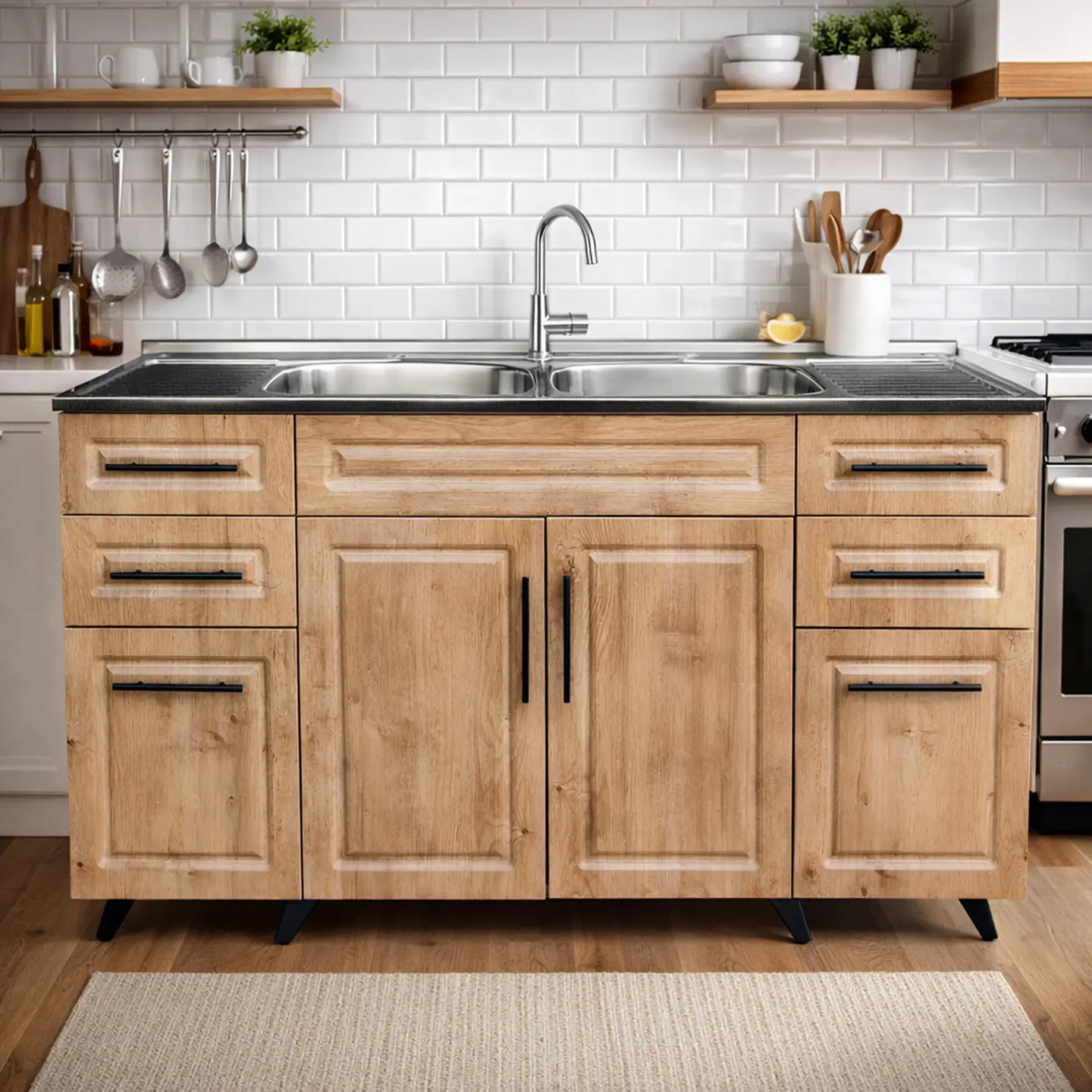 Mueble Lavaplatos Nogal con Cubierta de Acero Inoxidable 150x50x90 cm (Incluye Armado) 2