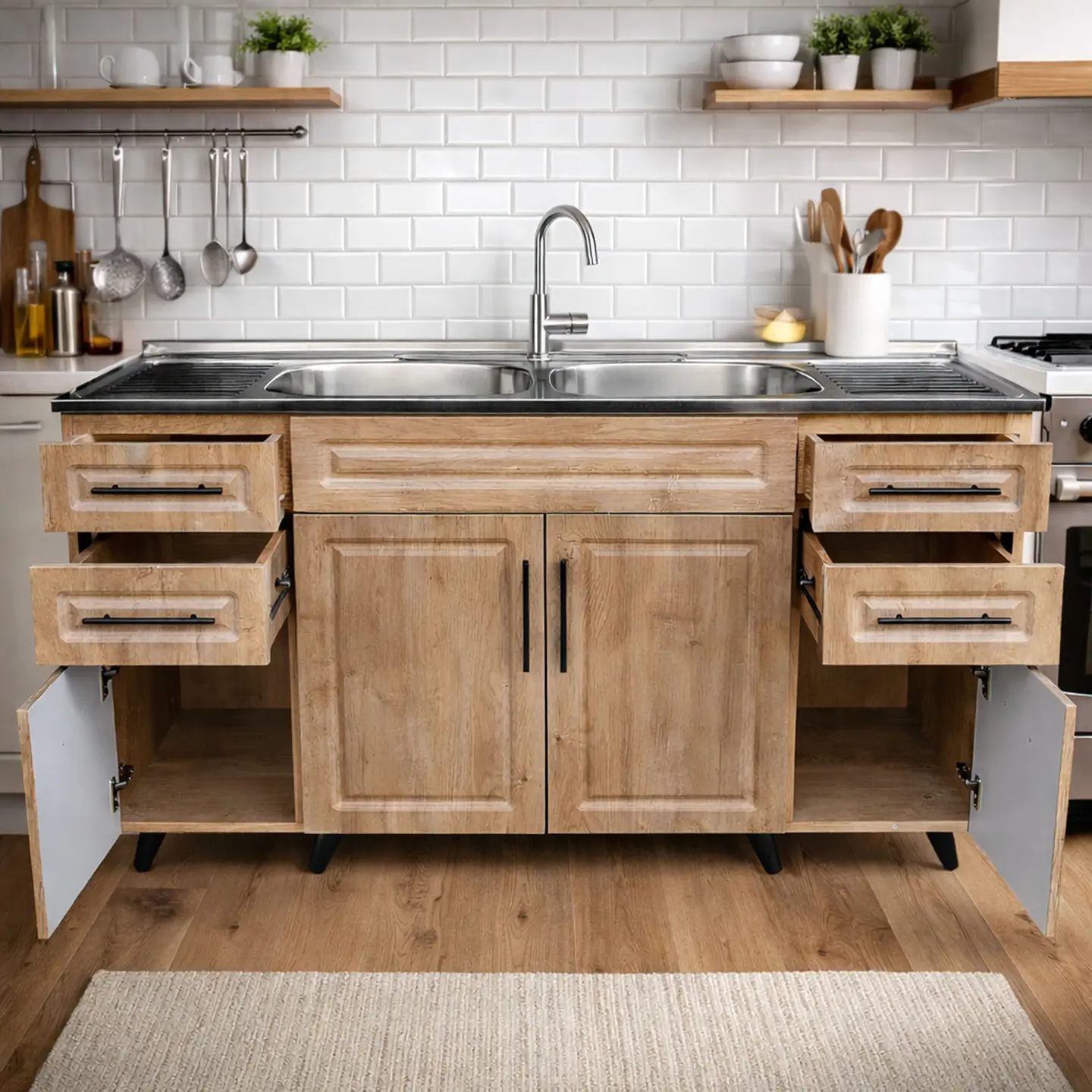 Mueble Lavaplatos Nogal con Cubierta de Acero Inoxidable 150x50x90 cm (Incluye Armado) 4