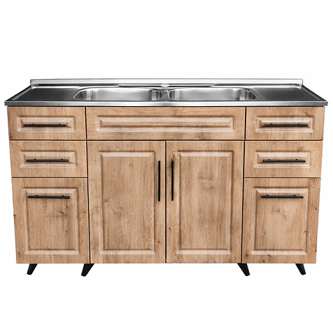 Mueble Lavaplatos Nogal con Cubierta de Acero Inoxidable 150x50x90 cm (Incluye Armado)