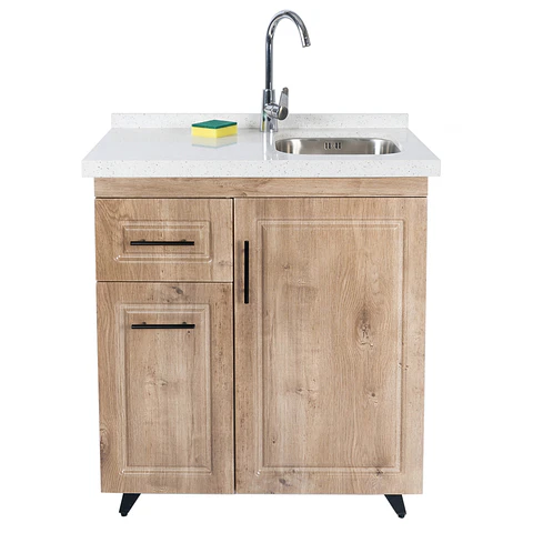 Mueble Lavaplatos Nogal Izquierdo con Cubierta de Cuarzo 80x51x90 cm (Incluye Armado)