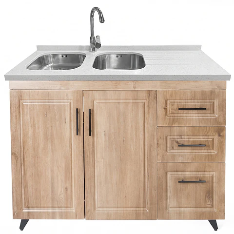 Mueble Lavaplatos Nogal Derecho con Cubierta de Cuarzo 120x51x90 cm (Incluye Armado)