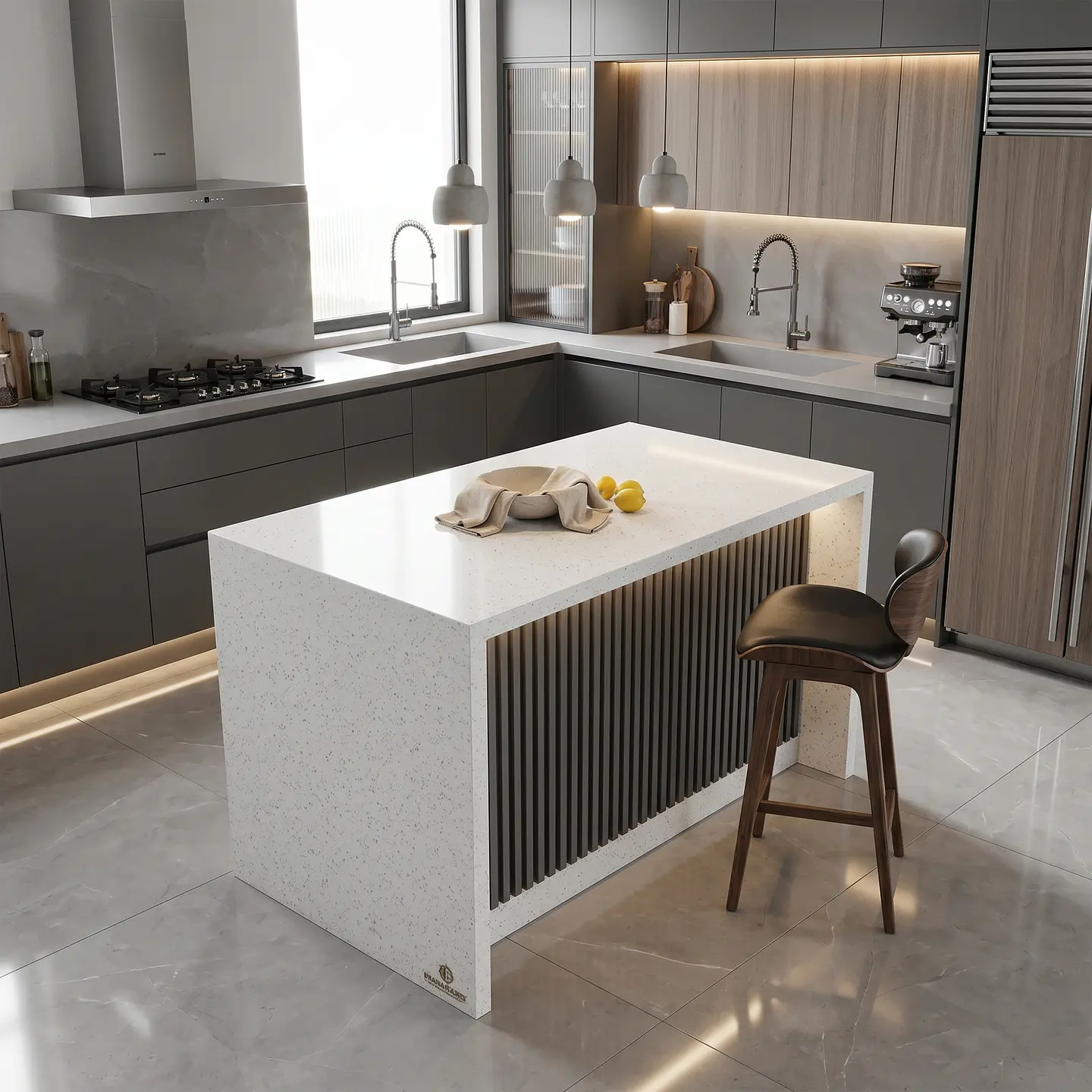 Mueble Isla de Cocina Cascada Cuarzo Blanco Galaxy 1