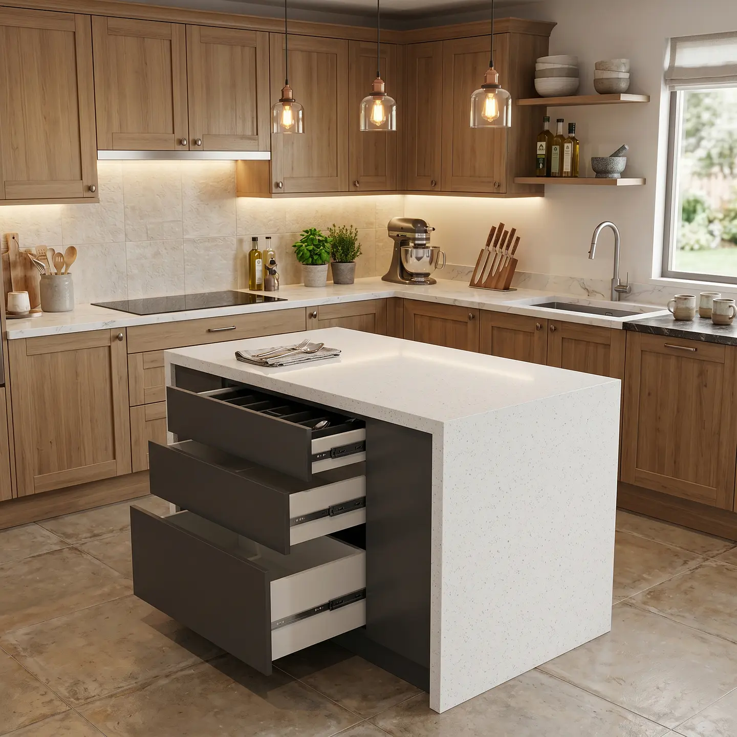 Mueble Isla de Cocina Cascada Cuarzo Blanco Galaxy 2