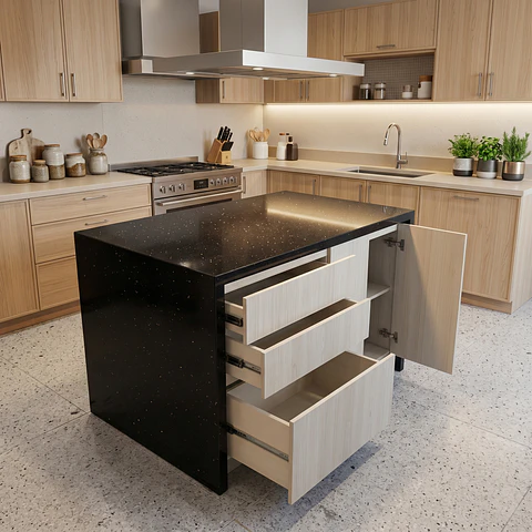 Mueble Isla de Cocina Cascada Cuarzo Negro Galaxy