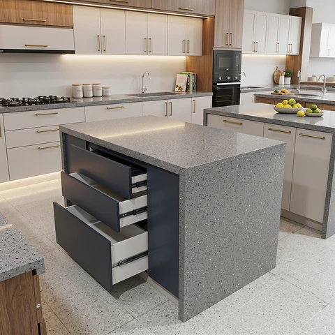 Mueble Isla de Cocina Cascada Cuarzo Gris Galaxy