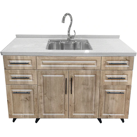 Mueble Lavaplatos Nogal con Cubierta de Cuarzo Lavaplatos Riñon 150x51x90 cm (Incluye Armado)